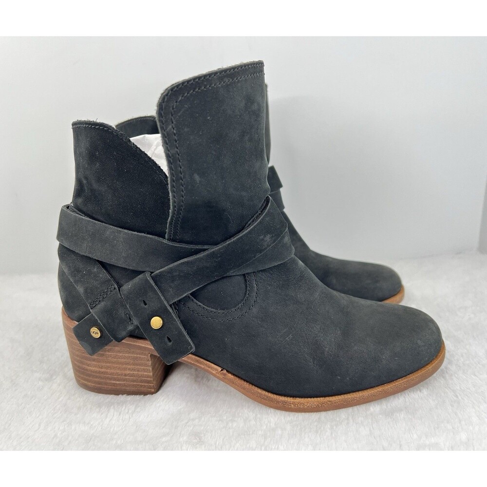 UGG Elora Black Leather Block Heel Ankle Booties 1019148 Womens Size 9